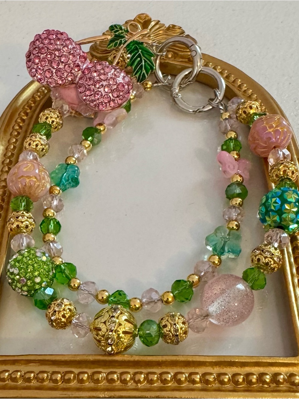 New Pink Cherries & Green Beaded Phone Chain
